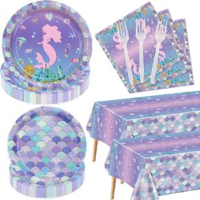 Mermaid Party Decorations - 162Pcs Mermaid Party Tableware Set, Mermaid Scale Theme Tablecloth, Mermaid Plates and Napkins for Under the Sea Ocean Little Mermaid Birthday Party Supplies, Serves 40