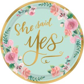 Mint To Be "She Said Yes" Metallic Round Plates, 7" (8-Pack) - Elegant Floral Tableware, A Sophisticated Touch to Engagement Parties & Bridal Showers
