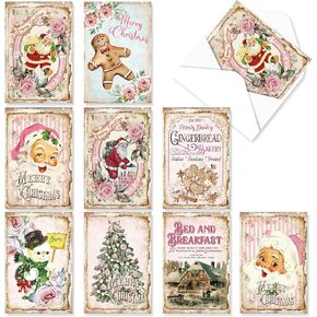Quera Christmas Vintage Greeting Cards 27PCS Bulk Christmas Cards Snowman Santa Family Merry Christmas Cards With Envelopes For Christmas Holiday Parties 4 X 6 In Pink.