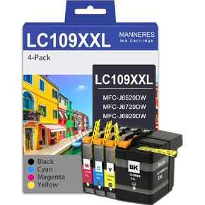 LC109XXL Super High Yield Ink Cartridges (4-Pack, 109BK 105C 105M 105Y) Compatible LC109 LC105 Ink Cartridges Replacement for Brother LC109 Inkjet MFCJ6520DW MFCJ6720DW MFCJ6920DW Printer