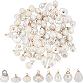 PH PandaHall 80pcs 8 Styles White Pearl Charms Imitation Pearl Pendants Pearl Hanging Charms Faux Pearl Beads Charms with Loop and Rhinestone for Dangle Earrings Necklace Jewelry Making