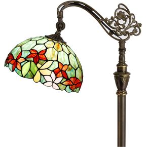 Tiffany Floor Lamp Stained Glass Lamp 18.88X12X67 Inch Angle Adjustable Arched Gooseneck Antique Reading Light (Red Green Flowers)