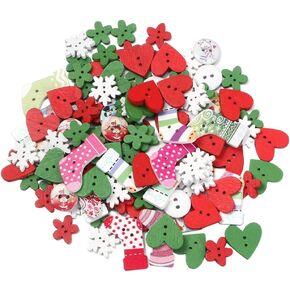 Amosfun 120pcs Christmas Wooden Buttons Embellishments Sewing Craft Buttons Mini Christmas Tree Snowflake Heart Miniaure Mixed Patterns Buttons for Crafts