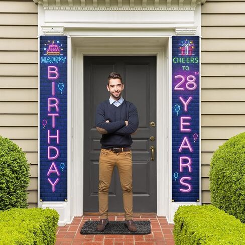 Neno Glow Happy 28th Birthday Porch Sign Door Banner Decor Colorful – Cheers to 28 Years Old Birthday Party Theme Decorations for Men Women Supplies in Kuwait