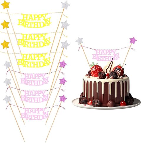6 Sets Happy Birthday Cake Bunting Topper, Birthday Banner Star Cake Topper Garland Party Decorations for Birthday Party Decors Favors Supplies in Saudi Arabia
