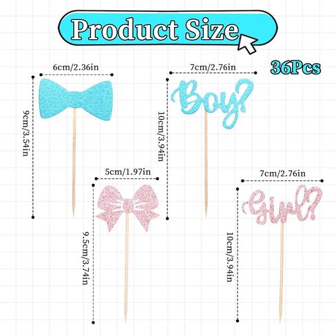 36Pcs Boy or Girl Cupcake Toppers Gender Reveal Boy and Girl Cupcake Toppers Glitter Bow Tie Cupcake Picks Baby Shower Cake Topper Decorations for Kids Birthday Party Cake Decorations Supplies in Saudi Arabia