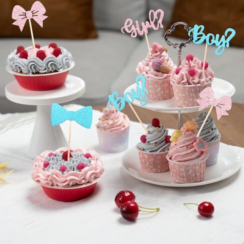 36Pcs Boy or Girl Cupcake Toppers Gender Reveal Boy and Girl Cupcake Toppers Glitter Bow Tie Cupcake Picks Baby Shower Cake Topper Decorations for Kids Birthday Party Cake Decorations Supplies in Saudi Arabia