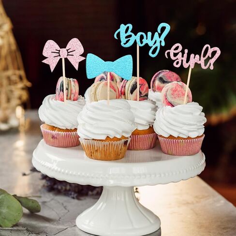 36Pcs Boy or Girl Cupcake Toppers Gender Reveal Boy and Girl Cupcake Toppers Glitter Bow Tie Cupcake Picks Baby Shower Cake Topper Decorations for Kids Birthday Party Cake Decorations Supplies in Saudi Arabia