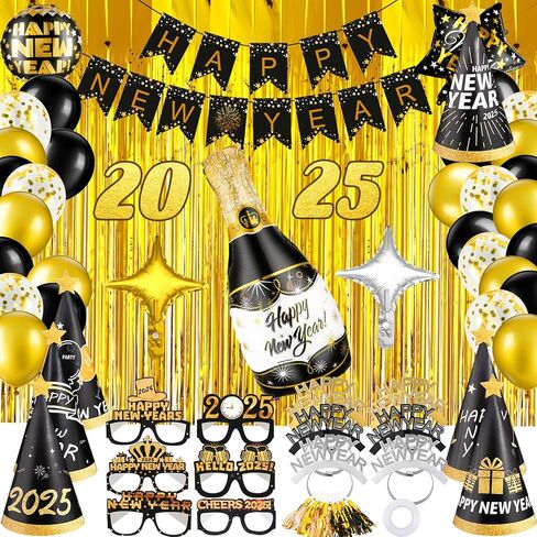 BBTO 76 Pcs New Years Eve Party Supplies 2025 with Banner, Fringe Curtain, Hats, Balloons, Glasses, Headbands, Squawkers and Ribbon for Holiday in Saudi Arabia