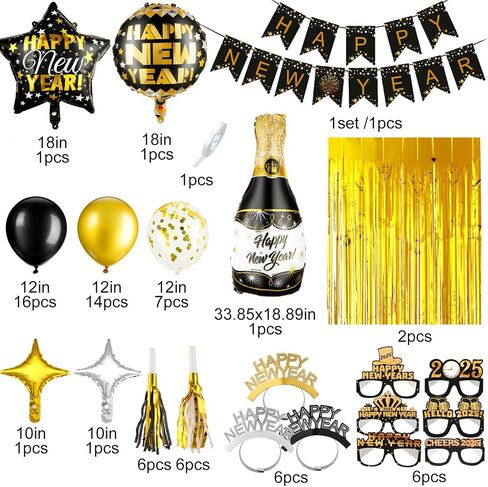 BBTO 76 Pcs New Years Eve Party Supplies 2025 with Banner, Fringe Curtain, Hats, Balloons, Glasses, Headbands, Squawkers and Ribbon for Holiday in Saudi Arabia