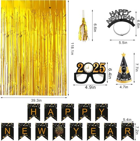 BBTO 76 Pcs New Years Eve Party Supplies 2025 with Banner, Fringe Curtain, Hats, Balloons, Glasses, Headbands, Squawkers and Ribbon for Holiday in Saudi Arabia