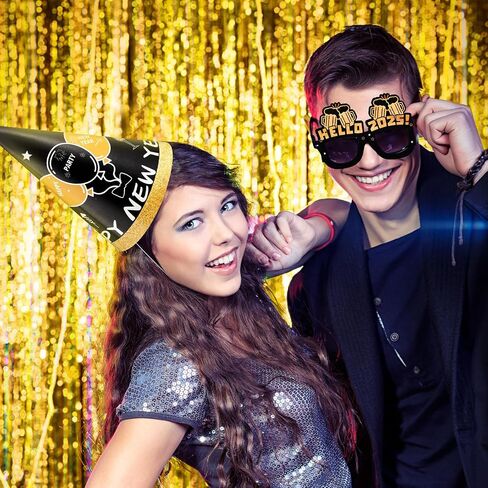BBTO 76 Pcs New Years Eve Party Supplies 2025 with Banner, Fringe Curtain, Hats, Balloons, Glasses, Headbands, Squawkers and Ribbon for Holiday in Saudi Arabia