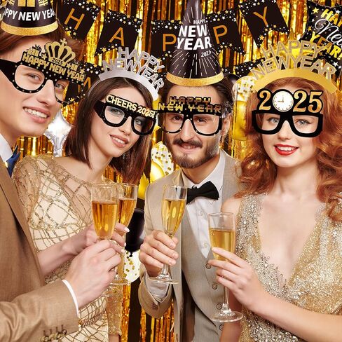 BBTO 76 Pcs New Years Eve Party Supplies 2025 with Banner, Fringe Curtain, Hats, Balloons, Glasses, Headbands, Squawkers and Ribbon for Holiday in Saudi Arabia