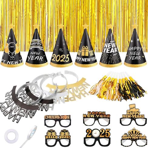 BBTO 76 Pcs New Years Eve Party Supplies 2025 with Banner, Fringe Curtain, Hats, Balloons, Glasses, Headbands, Squawkers and Ribbon for Holiday in Saudi Arabia