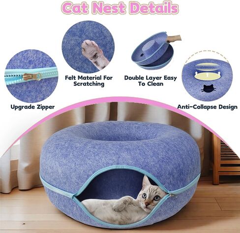 Donut Cat Tunnel Bed Peekaboo Cat Cave for Large Cats Up to 30 Lbs, Kitty Interactive Playing Tent House for Multiple Cats,Detachable,Scratch Resistant (Light Gray, Medium - 20 Inch Diameter) in Saudi Arabia