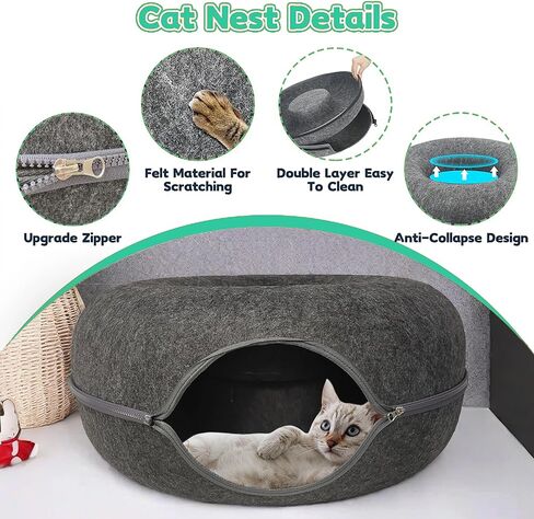 Donut Cat Tunnel Bed Peekaboo Cat Cave for Large Cats Up to 30 Lbs, Kitty Interactive Playing Tent House for Multiple Cats,Detachable,Scratch Resistant (Light Gray, Medium - 20 Inch Diameter) in Kuwait