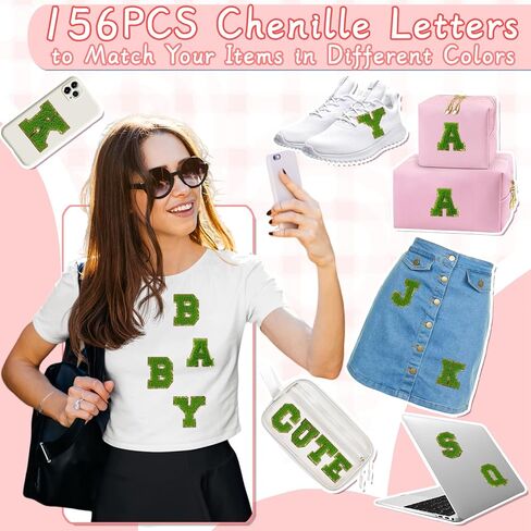 156Pcs Self Adhesive Chenille Letter Patches for Leather Bags, 2 inch A-Z Preppy Varsity Letter Patches for Computer and Fridge, Large Sequin Letter Stickers for Laptop Phone Case in Saudi Arabia