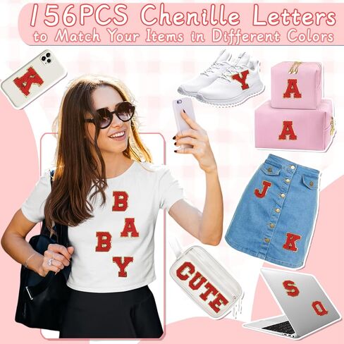 156Pcs Self Adhesive Chenille Letter Patches for Leather Bags, 2 inch A-Z Preppy Varsity Letter Patches for Computer and Fridge, Large Sequin Letter Stickers for Laptop Phone Case in Saudi Arabia