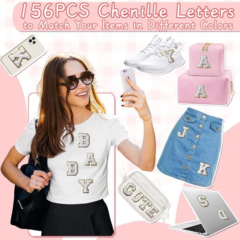 156Pcs Self Adhesive Chenille Letter Patches for Leather Bags, 2 inch A-Z Preppy Varsity Letter Patches for Computer and Fridge, Large Sequin Letter Stickers for Laptop Phone Case in Kuwait
