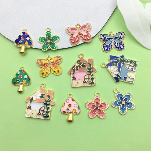 Sailanzi 24pcs Alloy enamel house butterfly mushroom series Pendant Jewelry Making DIY Keychain Earrings Pendant Various Design Charms for Jewelry Making Bracelets Necklace (SN786) in Kuwait