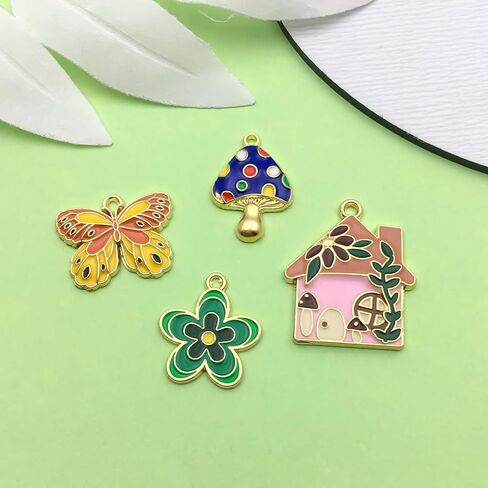 Sailanzi 24pcs Alloy enamel house butterfly mushroom series Pendant Jewelry Making DIY Keychain Earrings Pendant Various Design Charms for Jewelry Making Bracelets Necklace (SN786) in Kuwait