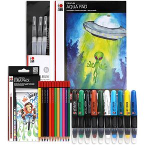 Marabu Mixed Media Drawing Set - 20 Sheets Watercolor Paper, 12 Watercolor Pencils with 10 Watercolor Crayons and Water-Fillable Brush Set - The Ultimate Landscape Adventure