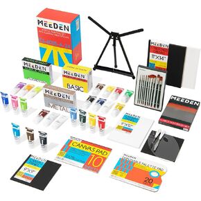 MEEDEN Acrylic Paint Set, Deluxe Art Painting Kits with Portable Tabletop Easel, 24 x 120 ml Acrylic Paints, 10 Paintbrushes, 9 Canvas, Palettes and Accessories,Xmas Art Paint Supplies