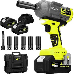 Cordless Impact Wrench,1/2 inch 640Ft-lb(850N.m) Brushless Power Impact Gun, 21V 2 x 4.0Ah Battery,5 Sockets,8 Drill,6 Screws,Electric Impact Wrench for Home Car Tires Truck Mower