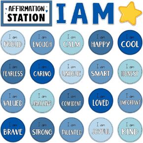 Blue Summer and Winter Affirmation Station Bulletin Board Set Motivational Posters Classroom Mirror Growth Mindset Decor Positive Affirmations Accents Cutouts for School Office Home