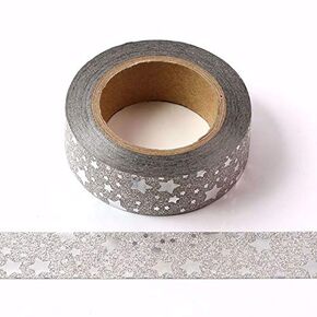 Silver Glitter Washi Tape with Silver Foil Stars Masking Self Adhesive Trim 15mm x 10 Meters