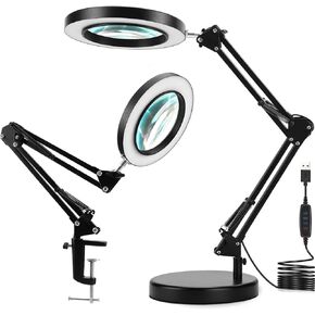 Magnifying Glass with Light and Stand,2 in 1 Clamp 10X Magnifying Lamp, Craft Light Lamp Adjustable with 3 Color Modes LED Magnifier with Light for Reading Crafts Repair Close Work