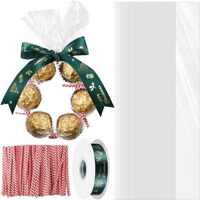 100 Sets 2'' x 24" Christmas Wreath Making Kit Clear Plastic Cellophane Bags with 3.54" Twist Tie and 1 Check Ribbon Loop for Party Favor Xmas DIY Candy Wrapping Gifts Chocolate Bags(Red)