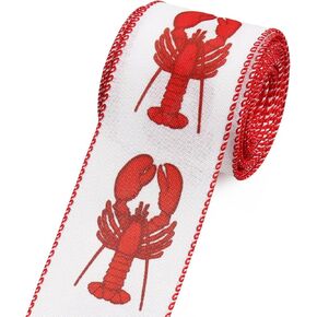 Crayfish Craft Ribbons for Wreath Bows, 2.5"×10 Yards Wired Edge Ribbons Red Burlap Ribbon Lobsters Aquatic Animals Wired Ribbons for Crafting Sewing DIY Crafts Supplies