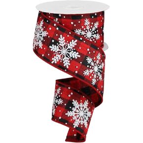 Craig Bachman 2.5" Glittered Snowflakes Ribbon: Buffalo Plaid (10 Yards) - Craft Floral Arrangement Gift Wrapping Wired Edge Ribbon