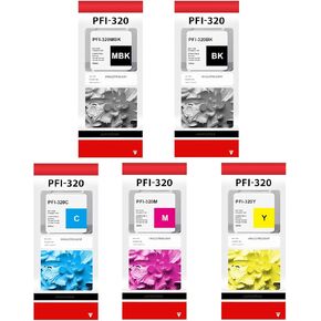 PFI-320 Pigment Ink Tank Bundle (5-Pack, Matte Black, Black, Cyan, Magenta, Yellow) Compatible for Canon PFI 320 PFI320 TM-300 TM-305 TM-200 TM-205 Printer Ink