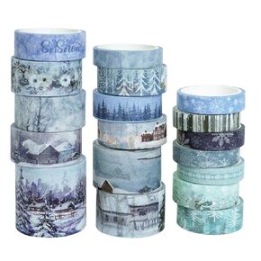 Winter Washi Tape Set 18 Rolls - Snowflake Blue Decorative Tape for Bullet Journal, Planner, DIY Arts Crafts, Scrapbooking