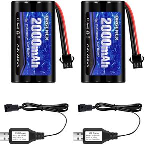 URGENEX 2S RC بطارية 2000 مللي أمبير 7.4 فولت بطارية ليثيوم أيون مع مقبس SM3P 2S بطارية RC قابلة للشحن مع 2 شواحن USB مناسبة لألعاب RC شاحنة سيارة RC وخزان RC