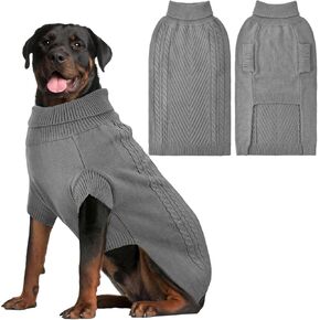 Large Dog Sweater, Turtleneck Pullover Dog Sweater, Thermal Knitted Dog Sweater for Fall Winter, Warm Long Sleeves Dog Sweater for Extra Large Dogs (Grey 2XL)