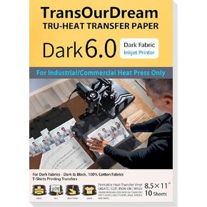 TransourDream مكواة على ورق نقل حراري للضغط الحراري (10 ورقات، 8.5 × 11 بوصة، داكن 6.0) فينيل ناقل للحرارة HTV قابل للطباعة للقمصان التي يمكن كيها على النقل للطابعة النافثة للحبر
