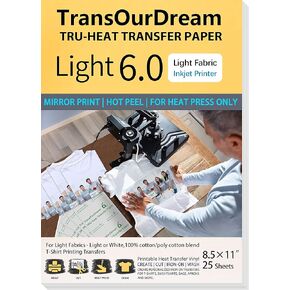 TransOurDream Iron on Heat Transfer Paper for Heat Press (25 Sheets, 8.5x11, Dark 6.0) Printable HTV Heat Transfer Vinyl for T Shirts,Inkjet Printer (TRANS-D6-20) in Kuwait