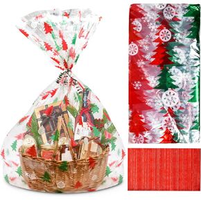 Gift Boutique Plastic Jumbo Christmas Cellophane Basket Bags with Twist Ties Pack of 12 Extra Large Christmas Cookie Tray Cello Wrap Bags for Holiday Goody Party Favor Gift Wrapping Bags 35" x 47"
