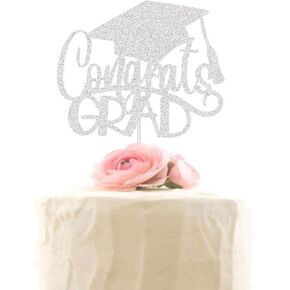 XIUHUBA Congrats Grad Cake Topper, Class of 2025 Graduation Party Decorations Supplies, 2025 Graduates Cake Pick for High School College, Silver Glitter