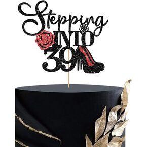 أداة تزيين الكيك من Stepping Into 49، زينة كعكة عيد الميلاد الـ 49 للسيدات، علامة وردة عالية الكعب تشير إلى 49 عامًا لتزيين الكيك - بريق أسود وأحمر