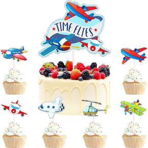 Time Flies Airplane Cake Toppers 7-PCS Set Themed Happy Birthday, Perfect for Baby Shower Party, Boys and Girls Pilot Birthday Party, Vintage Airplane Themed Party helicopter Decoration. LIANGSS
