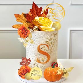Boho Flower Cake Toppers Fall Artificial Rose Pumpkin Maple Leaves Cake Decorations for Autumn Fall Party Harvest Pumpkin Thanksgiving Party Supplies
