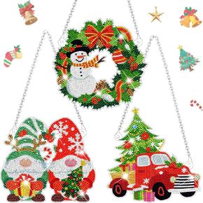 Wiooffen 3Pcs Christmas Diamond Painting Hanging Sign Set Gnome Snowman Diamond Art Painting Adults Christmas Wreath Truck Art DIY 5D Christmas Tree Crystal Rhinestone for Xmas Wall Door Window Decor