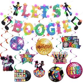 Epakh 35 Pcs Disco Birthday Party Decorations 70s Party Banner and Hanging Swirls Disco Ceiling Hanging Decor with LED Color Lights for Adults Back to 70s 80s Party Rock Hip Hop Party Supplies