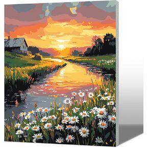 MAXBYE Landscape Paint by Numbers Adult Kits with Frame, DIY Acrylic Paint by Number Kit Crafts for Adults, Nature Daisy Framed Painting Kit Arts and Crafts for Home Wall Decor 12x16inch