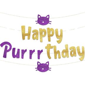 Happy Purrrthday Glitter Banner – Cat Birthday Banner and Decorations – Funny Kitten Birthday Party Supplies and Gifts