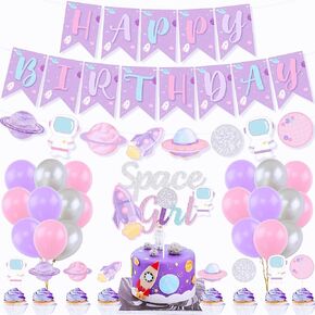 Outer Space Disco Girls Birthday Decorations, Out of This World Space Disco Happy Birthday Party Banner Cake Topper Balloon for Galaxy Astronaut Rocket UFO Planets Space Themed Birthday Baby Shower
